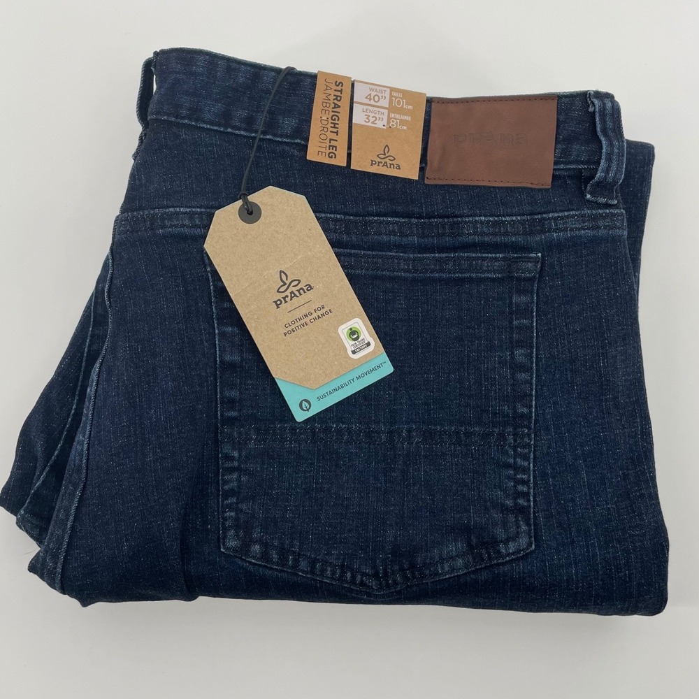 Prana Hillgard Jean Mens 40x32 Dark Ozone Wash Straight Leg Organic Cotton Denim
